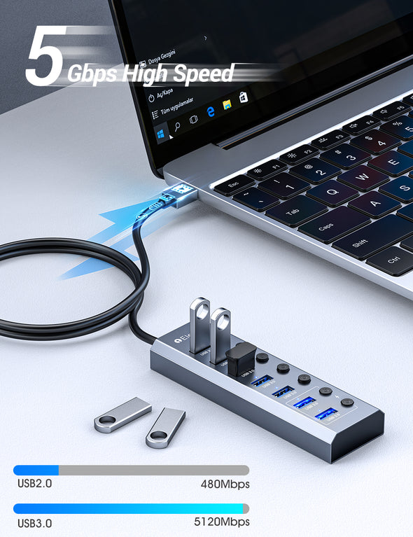 Elecife Powered USB 3.0 Hub for laptop, 7-Port USB 3.0 Data Hub